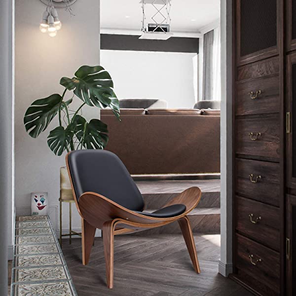 Rimdoc Three-Legged Shell Chair Mid Century Modern Lounge Chair with Black Leather Molded Plywood Accent Chair Reading Side Chair for Bedroom, Study, Office, Living Room (Black Walnut Wood)