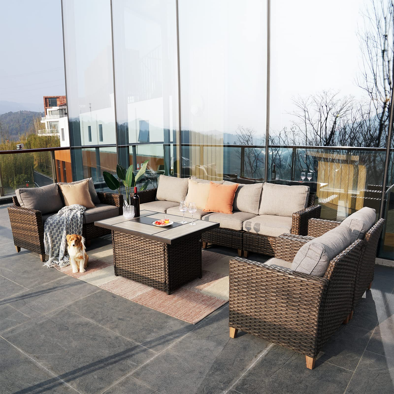 【Home&Garden】Patio Sofa Sets 9 Pcs Conversation Set with Fire Pit Table, PE Rattan Patio Furniture