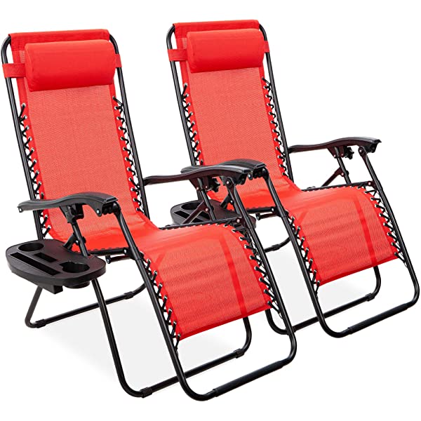 Best Choice Products Set of 2 Adjustable Steel Mesh Zero Gravity Lounge Chair Recliners w/Pillows and Cup Holder Trays - Burgundy