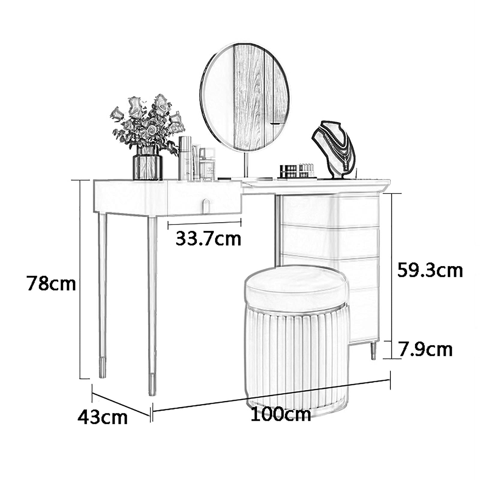 【Furniture】Light Luxury Vanity Set, Makeup Dressing Table with Mirror, 5 Large Drawers & Cushioned Stool