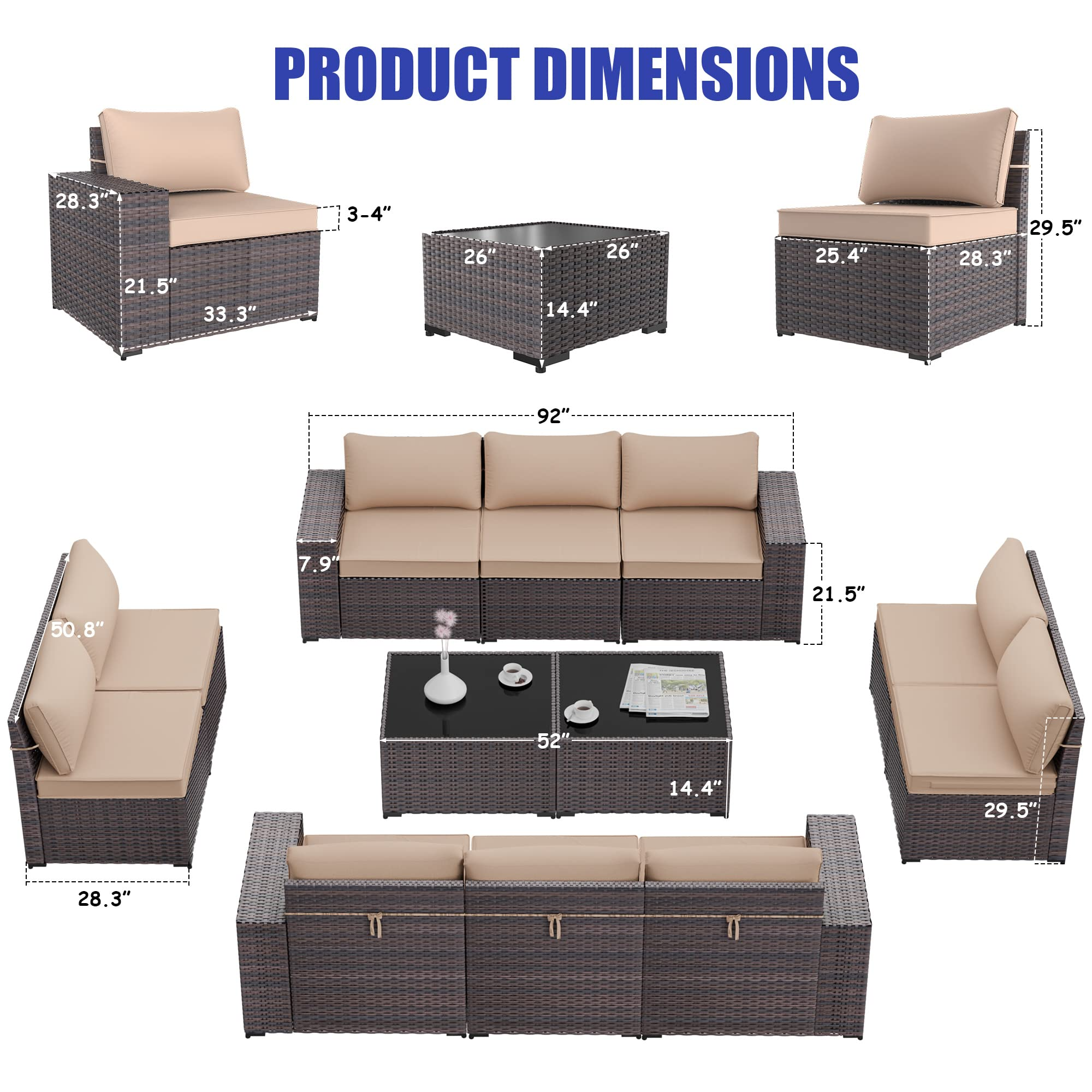 【Furniture】12 Pcs Outdoor Patio Furniture Set Sectional Sofa Sets Brown PE Rattan Patio Conversation Set
