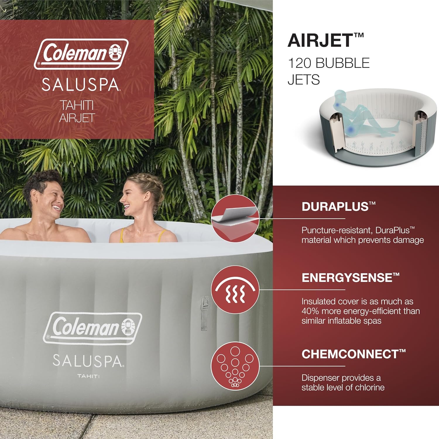 Coleman Tahiti EnergySense AirJet Inflatable Hot Tub Spa 71