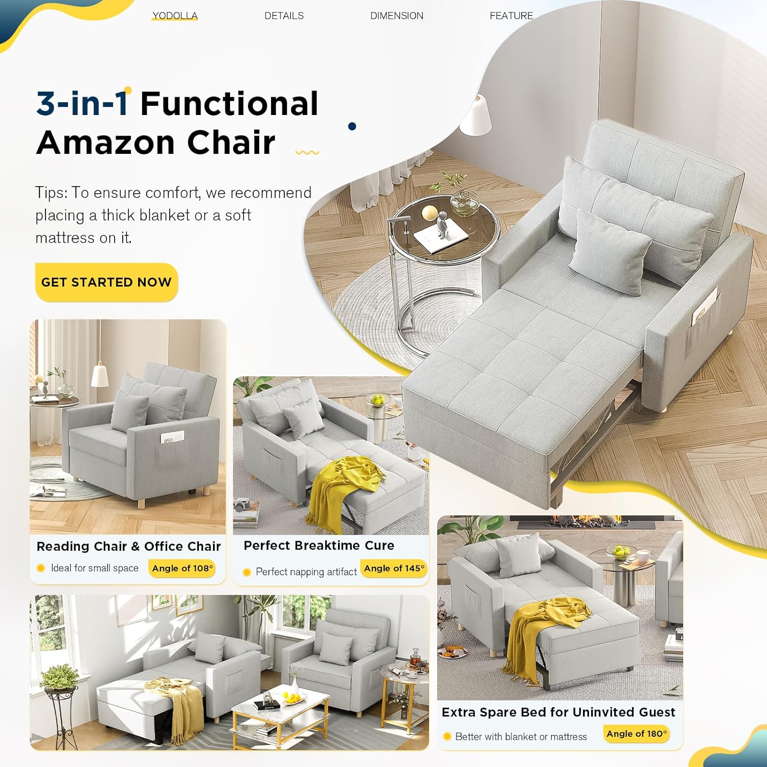 YODOLLA 3-in-1 Convertible Chair Bed, Sleeper Chair Bed, Pull Out Sleeper Chair Beds, Adjustable Single Armchair Sofa Bed with Side Pocket and Adjust Backrest Into a Sofa, Grey