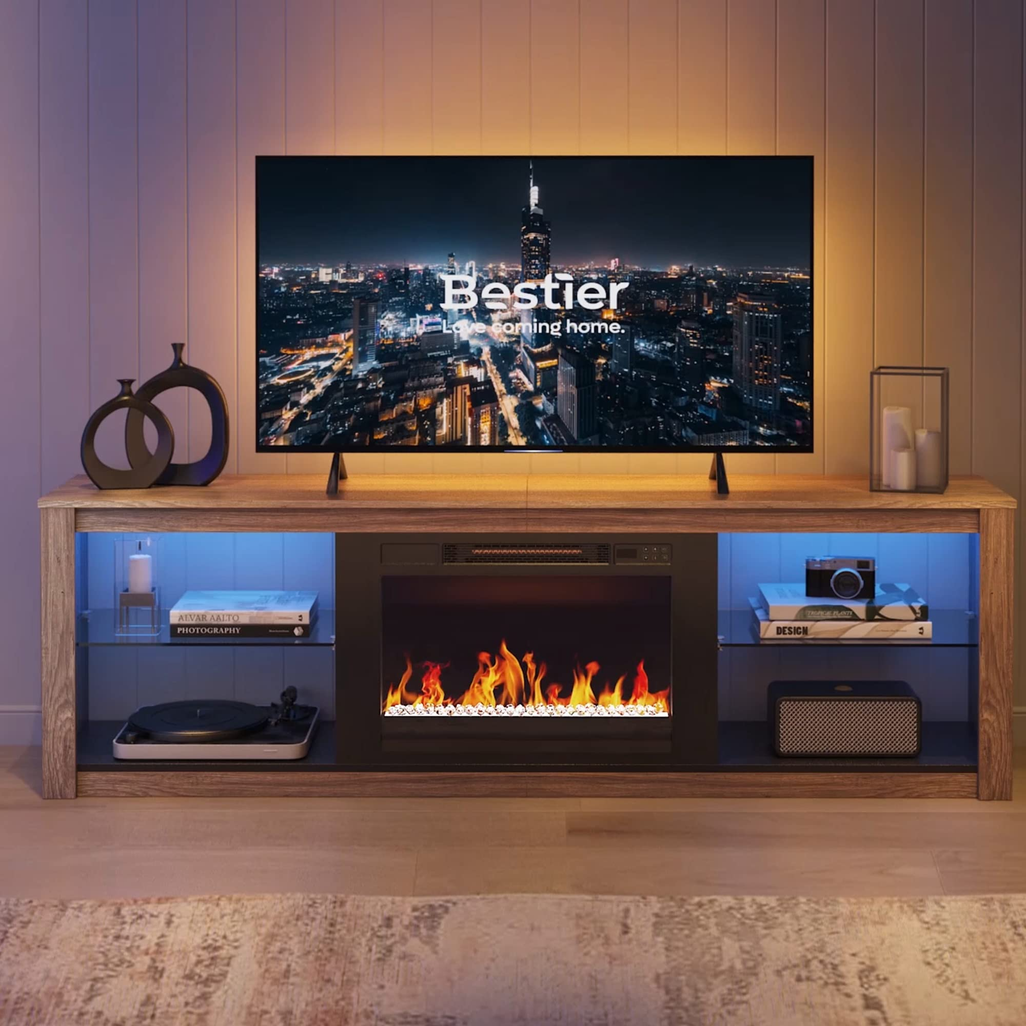 【Furniture】Fireplace TV Stand for 75 inch TV with 23 inch Electric Fireplace, 70 inch Entertainment Center