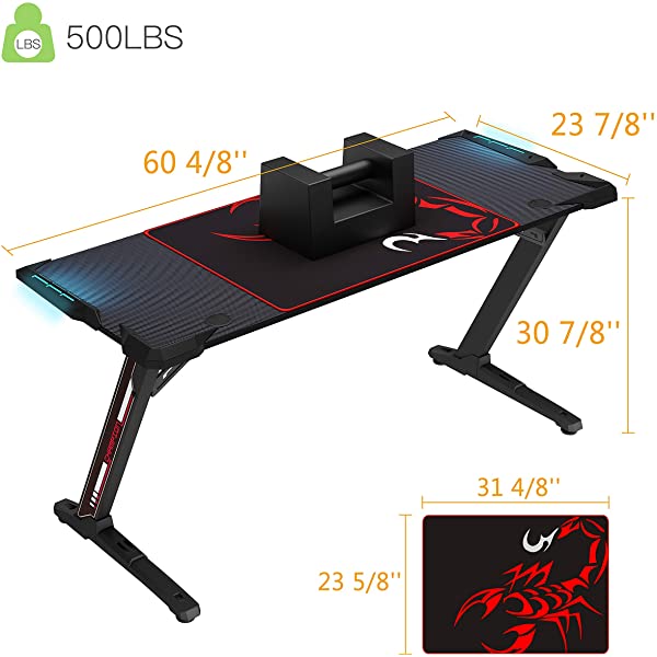 DESIGNA Gaming Desk with LED Lights, 60 inch Computer Gaming Desk Z-Shaped with Mouse Pad, Handle Rack, Cup Holder, Headphone Hook, Black