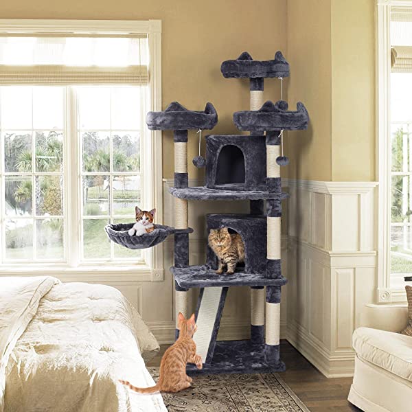 Yaheetech 68.5in Multi-Level Cat Tree Large Cat Condo with Sisal-Covered Platforms Scratching Board & Scratching Posts, Cozy Perches, Stable Cat Tower Cat Condo Pet Play House Dark Gray