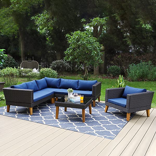 Sophia & William Outdoor Patio Furniture Set All-Weather Wicker Rattan Sectional Sofa Chairs Set, Patio Conversation Set with Acacia Wood Feet & Coffee Table (5 Piece, Navy Blue)