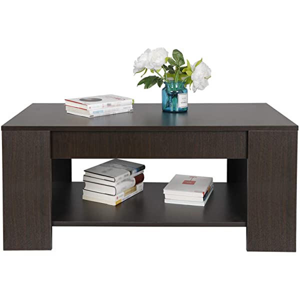 SUPER DEAL Lift Top Coffee Table w/Hidden Compartment and Storage Shelves Pop-Up Storage Cocktail Table for Living Room Reception Room Espresso