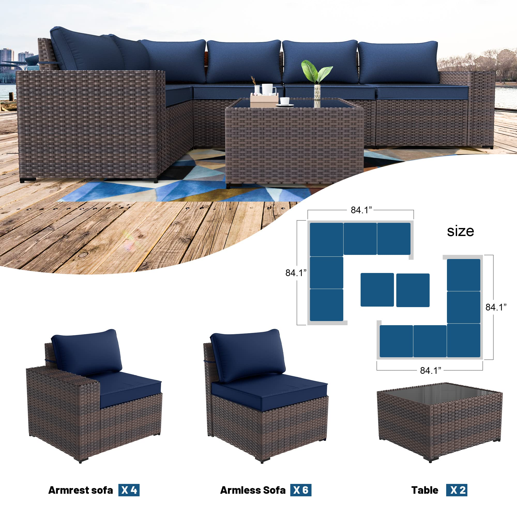 【Furniture】Outdoor Patio Furniture Set 12 Pcs Sectional Rattan Sofa Set Brown PE Wicker Patio Conversation Set