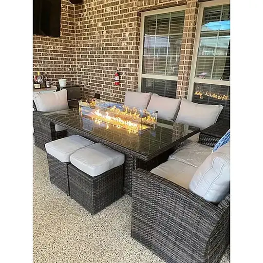 Morden 7-piece Outdoor Wicker Sofa with Fire Pit Table Patio Conversation sofa Set Dining Set