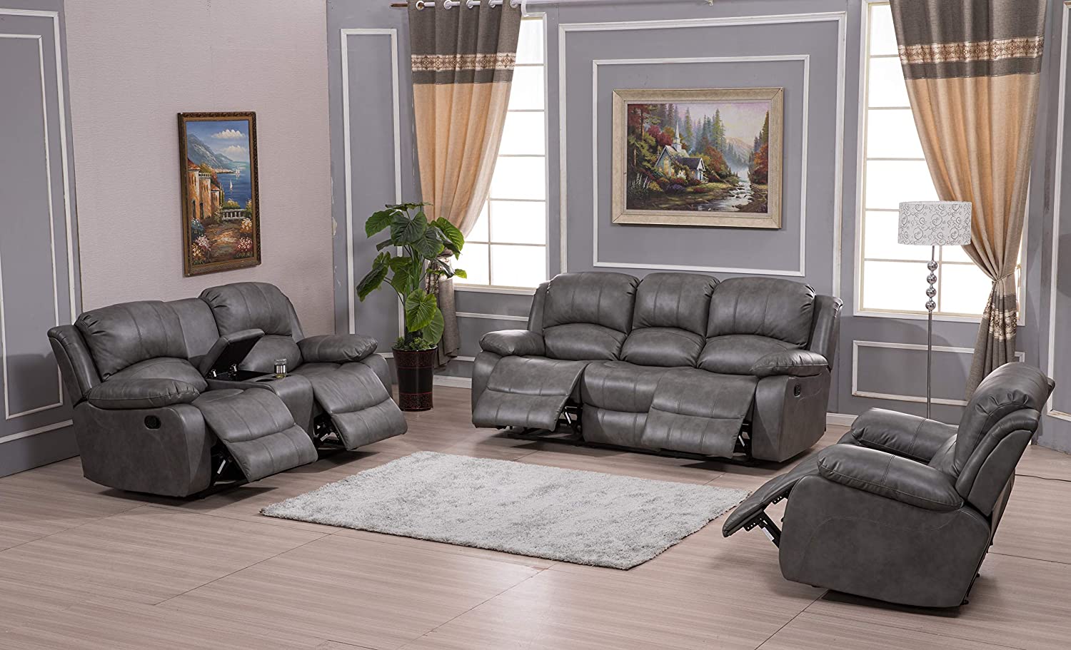 Betsy Furniture 3PC Bonded Leather Recliner Set Living Room Set, Sofa, Loveseat, Chair 8018 (Brown, Living Room Set 3+2+1)