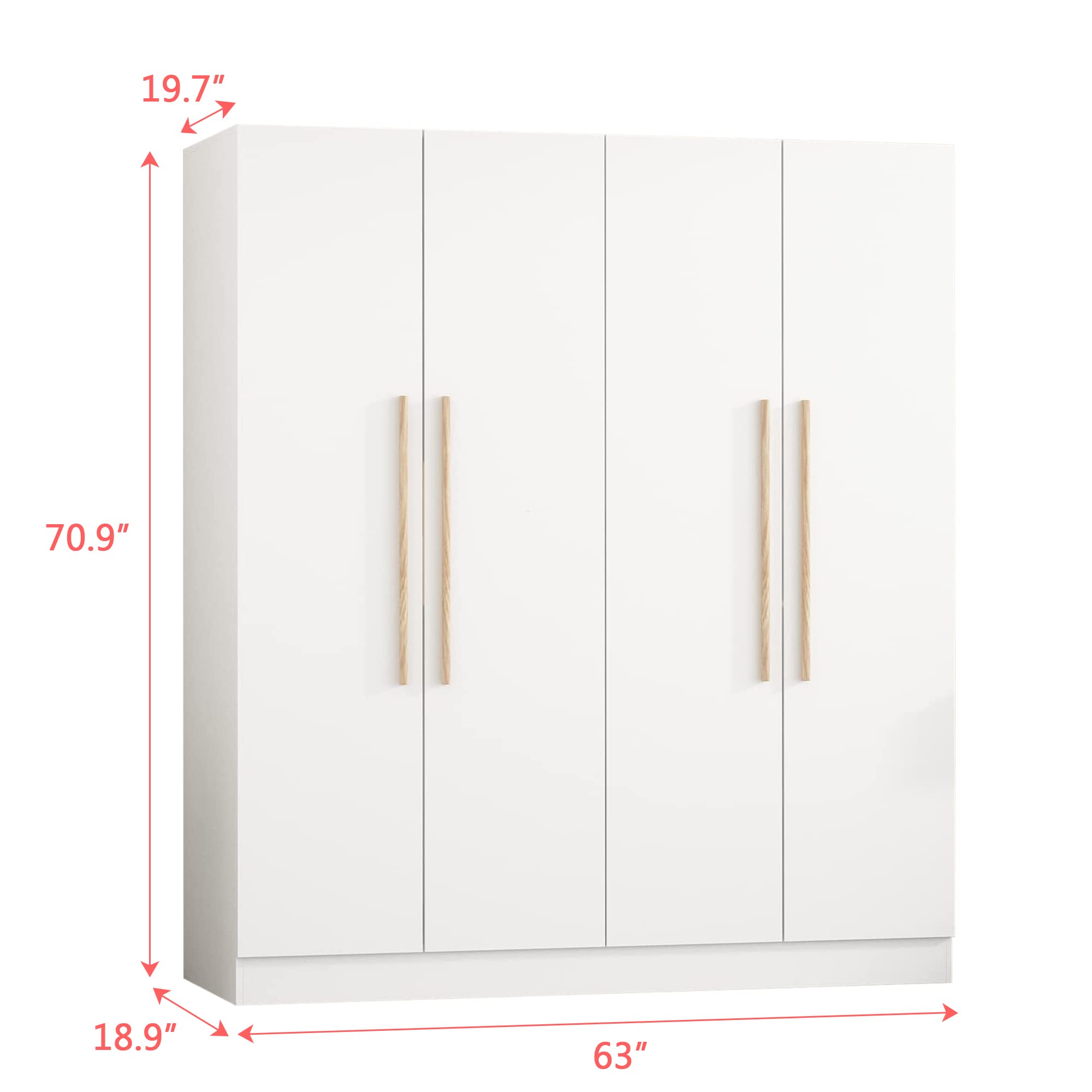 【Furniture】4 Doors Wardrobe Closet, Large Freestanding Wardrobe Cabinet with Storage Compartment & Hanging Rod