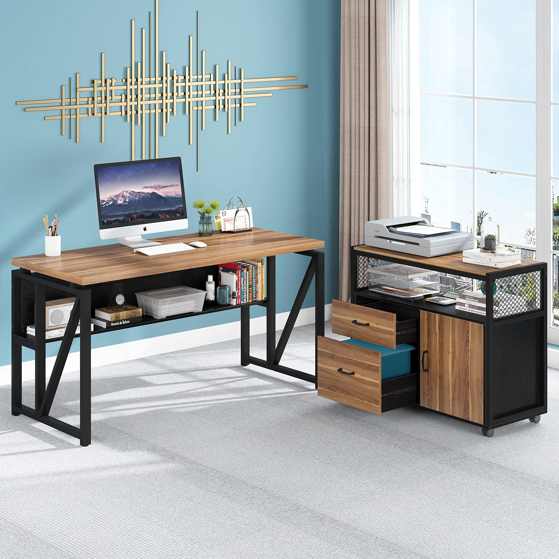 【Furniture】L Shaped Desk with Drawer Cabinet, 55