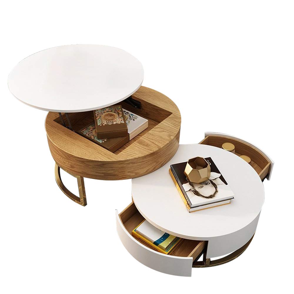 【Furniture】Round Coffee Table White with Storage Lift-Top Wood Coffee Table Lifts up with Rotatable Drawers