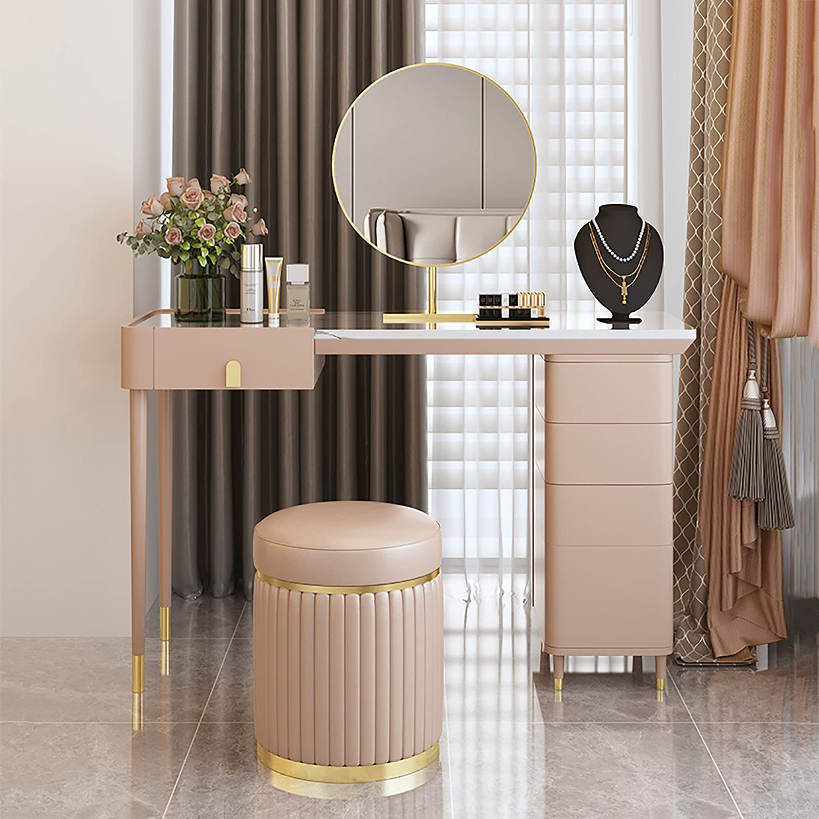【Furniture】Light Luxury Vanity Set, Makeup Dressing Table with Mirror, 5 Large Drawers & Cushioned Stool