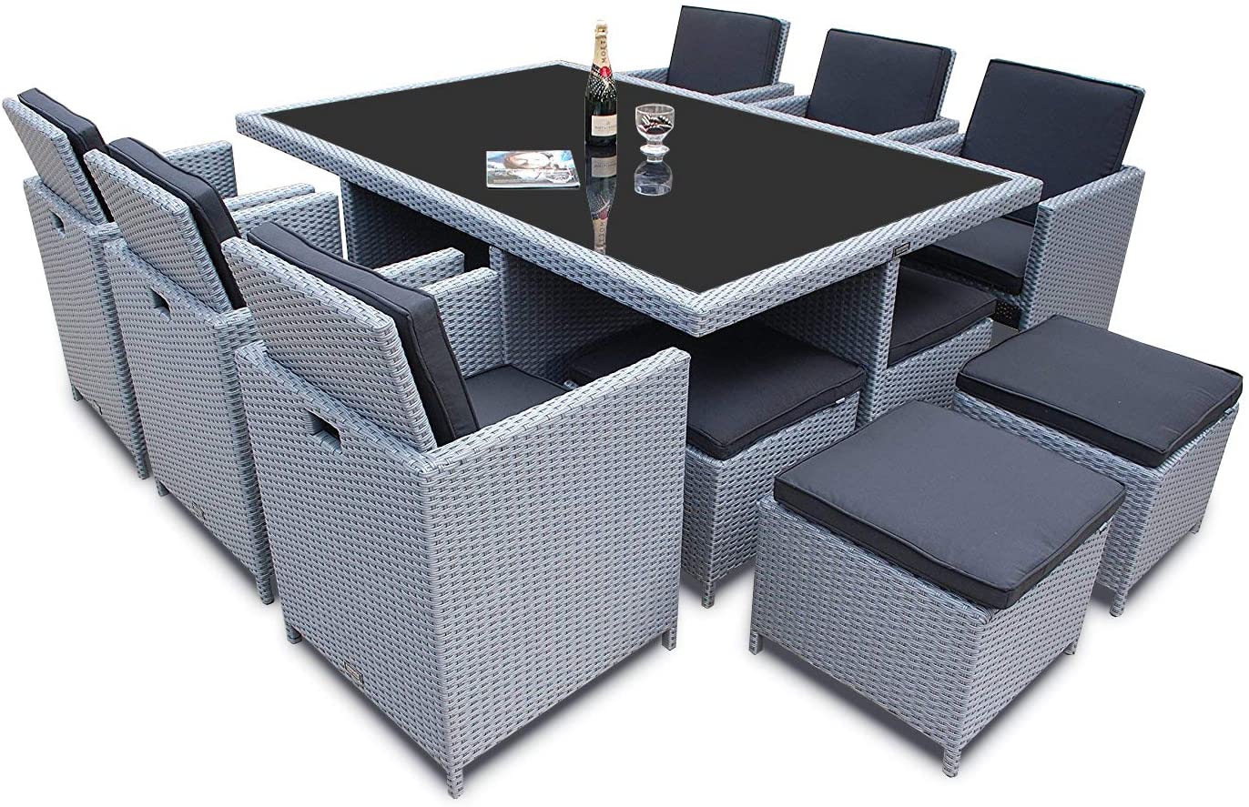 Furniture Barcelona Rattan Wicker 6 Seat Square Dining Set with Cushions and Weatherproof Furniture Cover