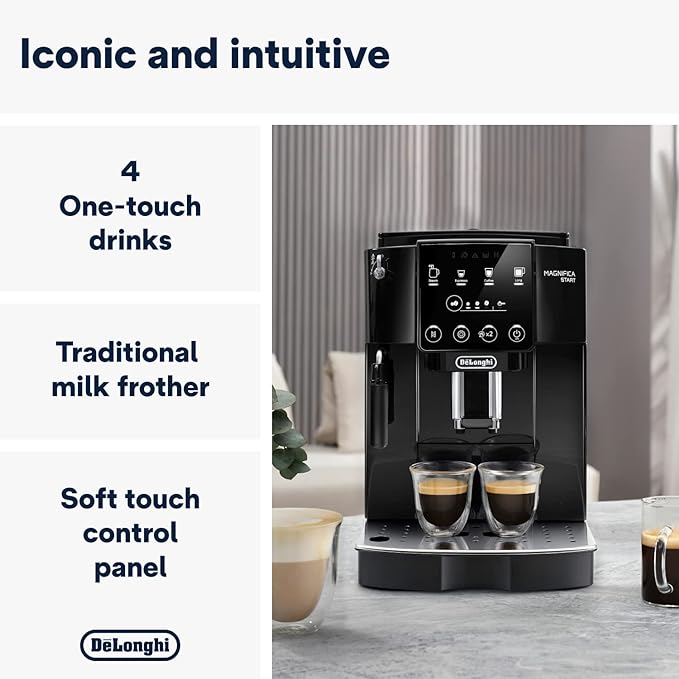 De'Longhi Magnifica Start ECAM222.20.B, Automatic Coffee Machine with Milk Nozzle, Bean to Cup Espresso Machine with 4 One-Touch Recipes, Soft-Touch Control Panel, 1450W, Black