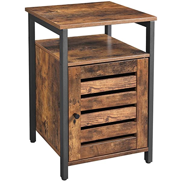 VASAGLE Nightstand, End Table with Open Shelf, Steel Frame, Bedroom, Industrial, Rustic Brown + Black