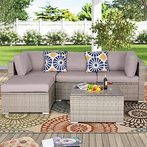 Do4U 5 Pieces Outdoor Patio Furniture Set PE Rattan Patio Set Porch Furniture Cushioned Patio Chairs Set Patio Conversation Set for Garden Balcony Porch Poolside Lawn (Blue)
