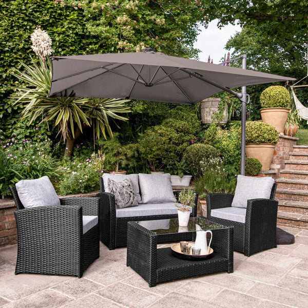 Cote Garden Sofa Set - LED Cantilever Parasol - 4 Seater - Black Rattan