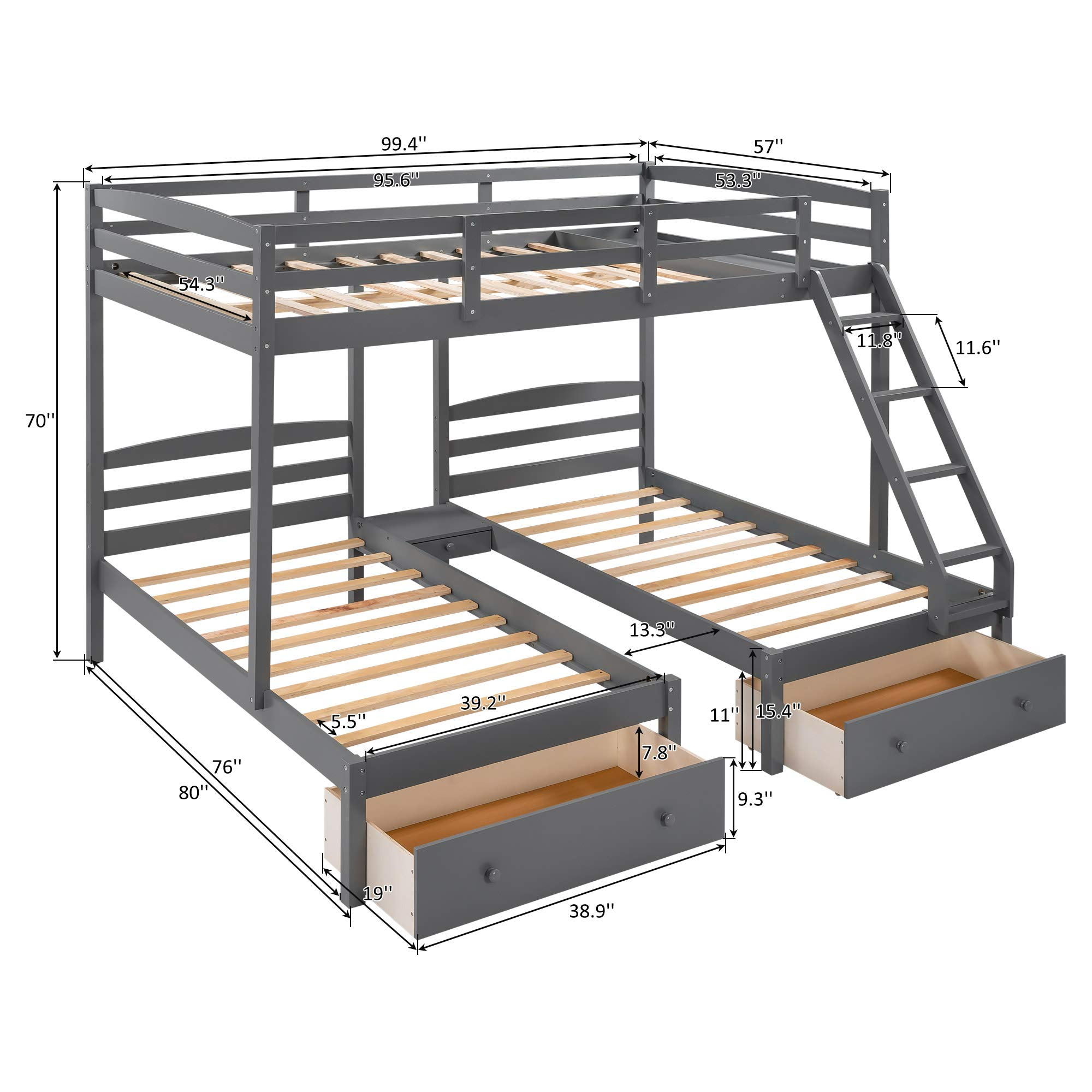【Furniture】Triple Bunk Bed Full Over 2 Twin Bunk Bed with 3 Drawers & Guardrails, Bunk Bed for Family, Teens