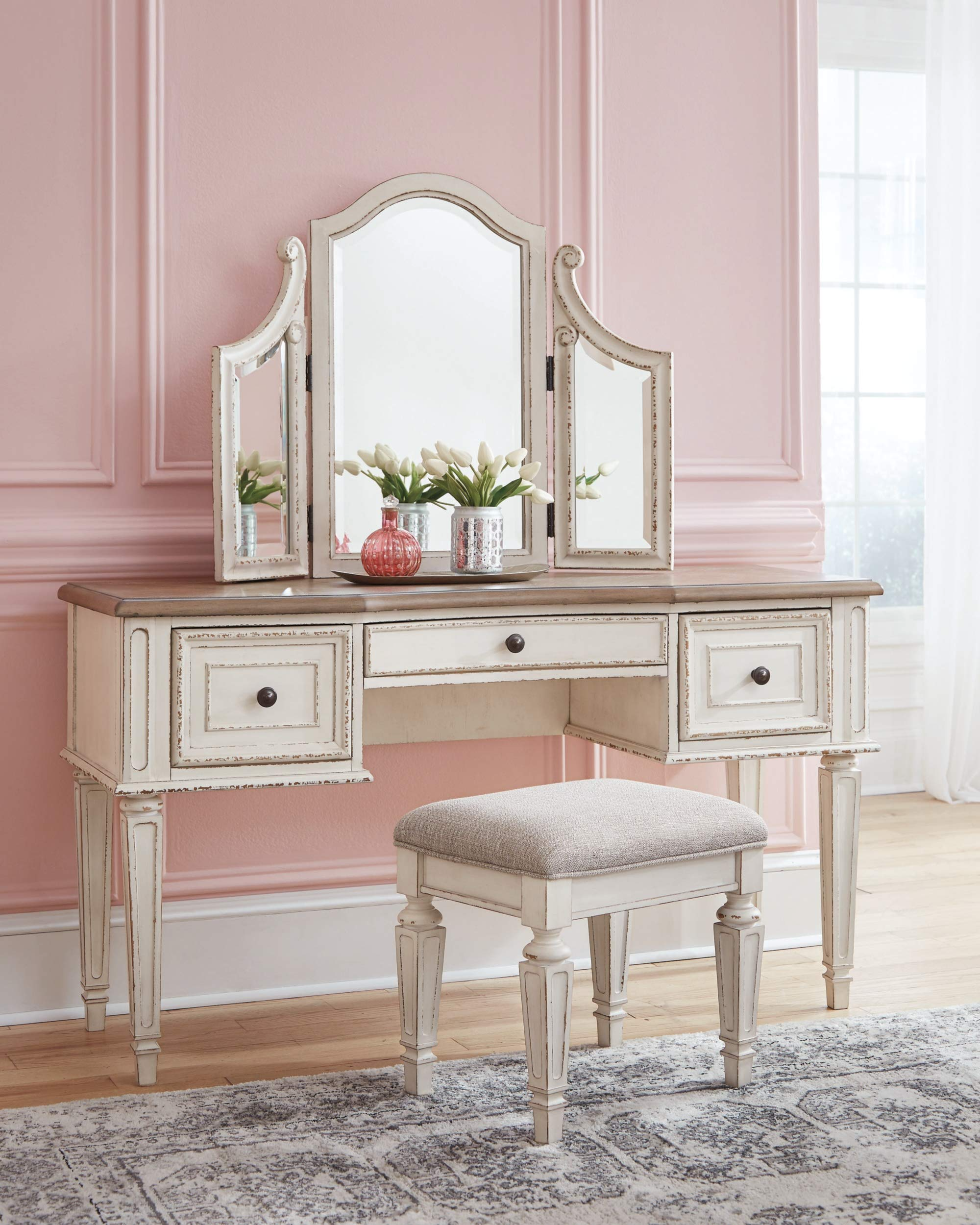 【Furniture】Traditional Cottage 3 Drawer Vanity Set with Dovetail Construction, Mirror & Stool Included