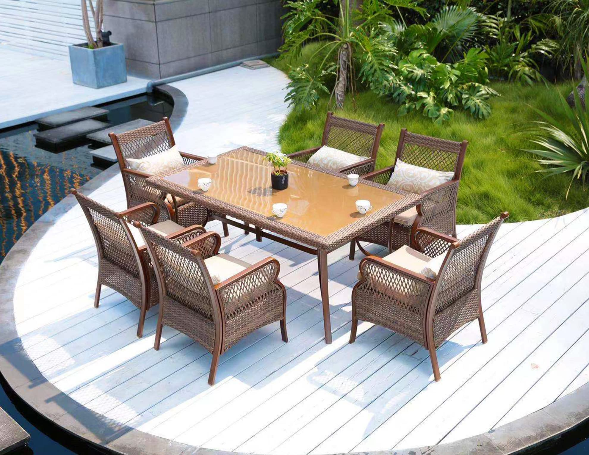 【Home&Garden】Patio Dining Set Outdoor Wicker Patio Furniture Sets Rectangular Tempered Glass Top Dining Table