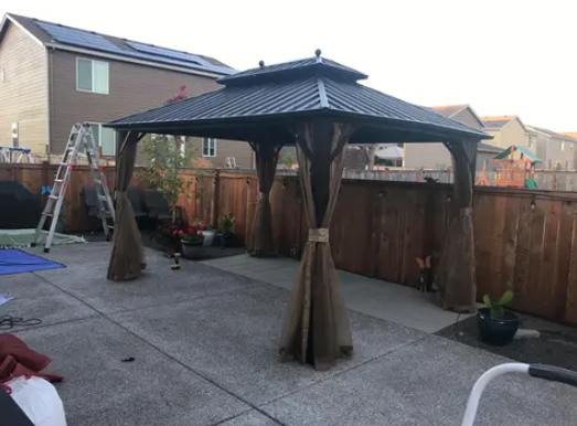 MELLCOM 10' x 13' Hardtop Gazebo,Galvanized Steel Metal Double Roof Aluminum Gazebo with Curtains and Netting, Brown Permanent Pavilion Gazebo with Aluminum Frame for Patios,Gardens,Lawns