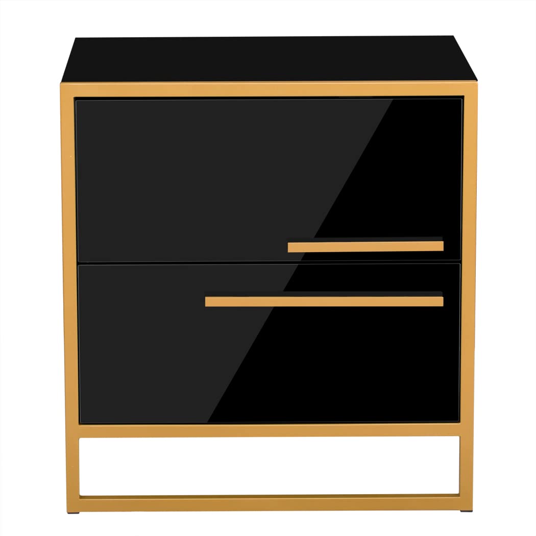 【Furniture】Nightstand with 2 Storage Drawers, Bedside Table with Gold Legs, End Table-Black