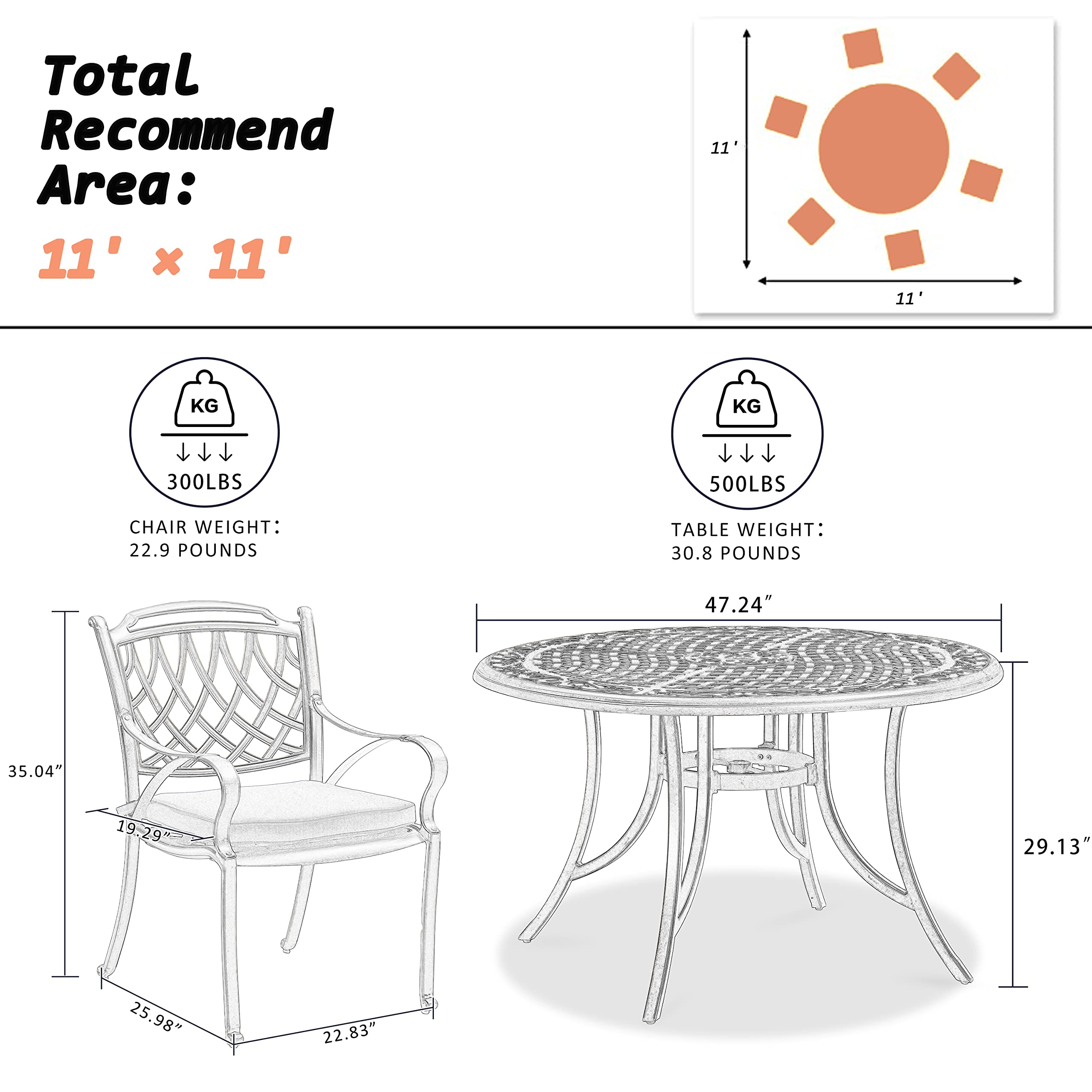 【Home&Garden】Patio Dining Set Cast Aluminum 7-Pc Furniture Set with Dining Armchairs, Table & Cushions