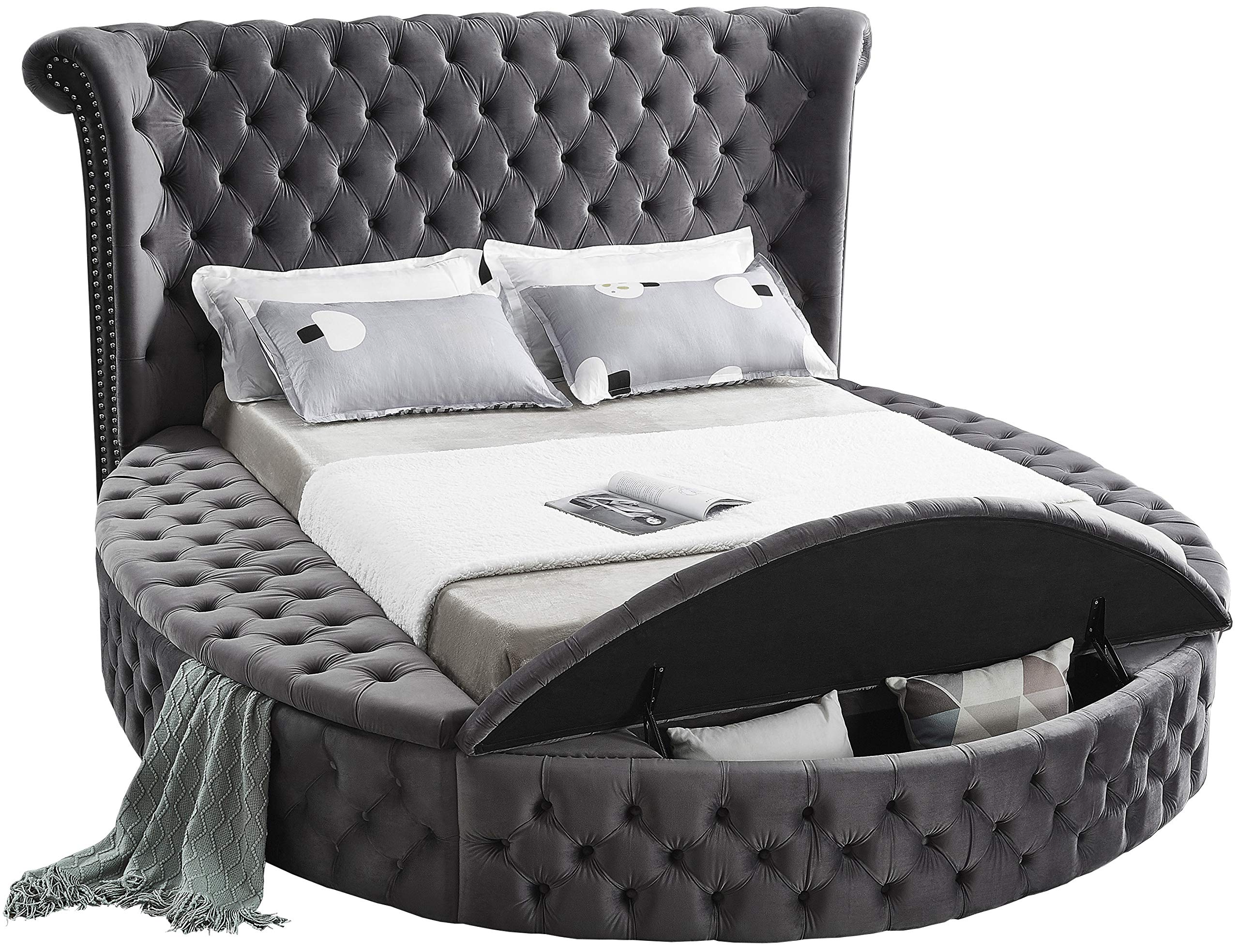 【Furniture】Contemporary Round Shaped Velvet Upholstered Bed with Deep Button Tufting & Footboard Storage, King