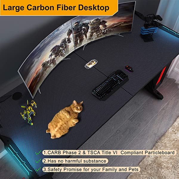 DESIGNA Gaming Desk with LED Lights, 60 inch Computer Gaming Desk Z-Shaped with Mouse Pad, Handle Rack, Cup Holder, Headphone Hook, Black
