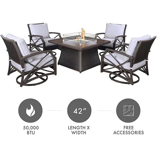 Kinger Home propane brazier table 5-piece set, suitable for outdoor patios, 42-inch stone tile roof LP brazier table, 4 rattan wicker swivel chairs,