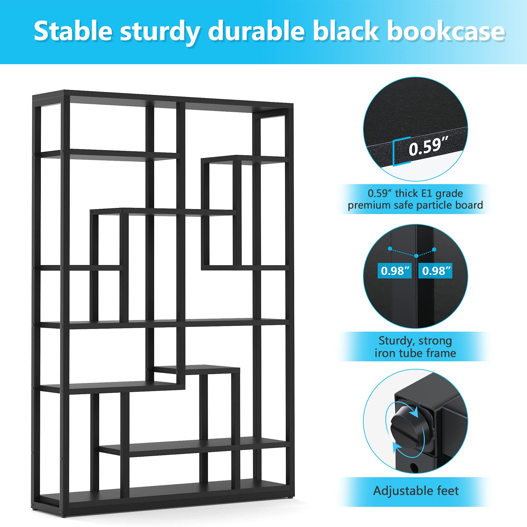 【Furniture】Black Bookshelf 47” Bookcase 9 Tier Tall Book Shelf Rustic Geometric Bookcase Display Shelf Organizer