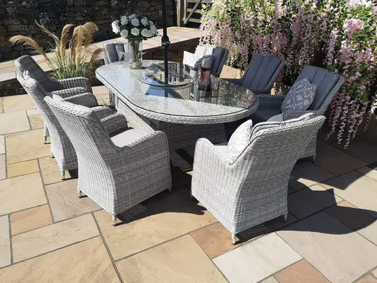 Malibu 8 Seat Oval Rattan Dining Set in Light Grey