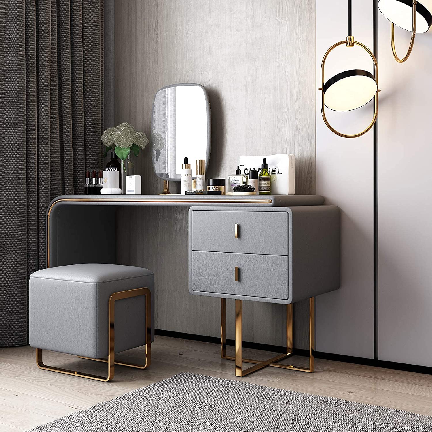FUKAYI Modern Vanity Set with Lighted Mirror, Makeup Dressing Table with 2 Large Drawer and PU Stool, Dresser Table for Women