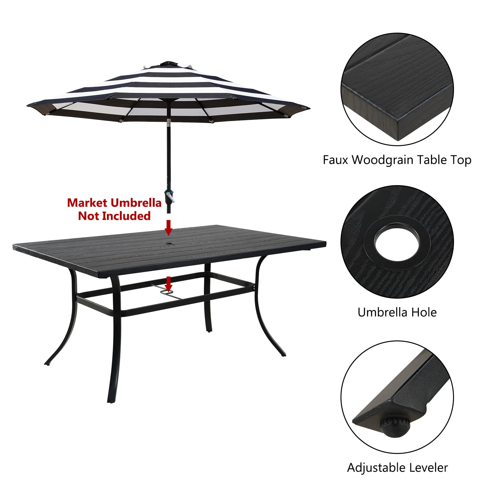 【Furniture】Outdoor 7 Pcs Dining Table Set, Modern Woodgrain-Look Metal Table & Wicker Chairs for 6