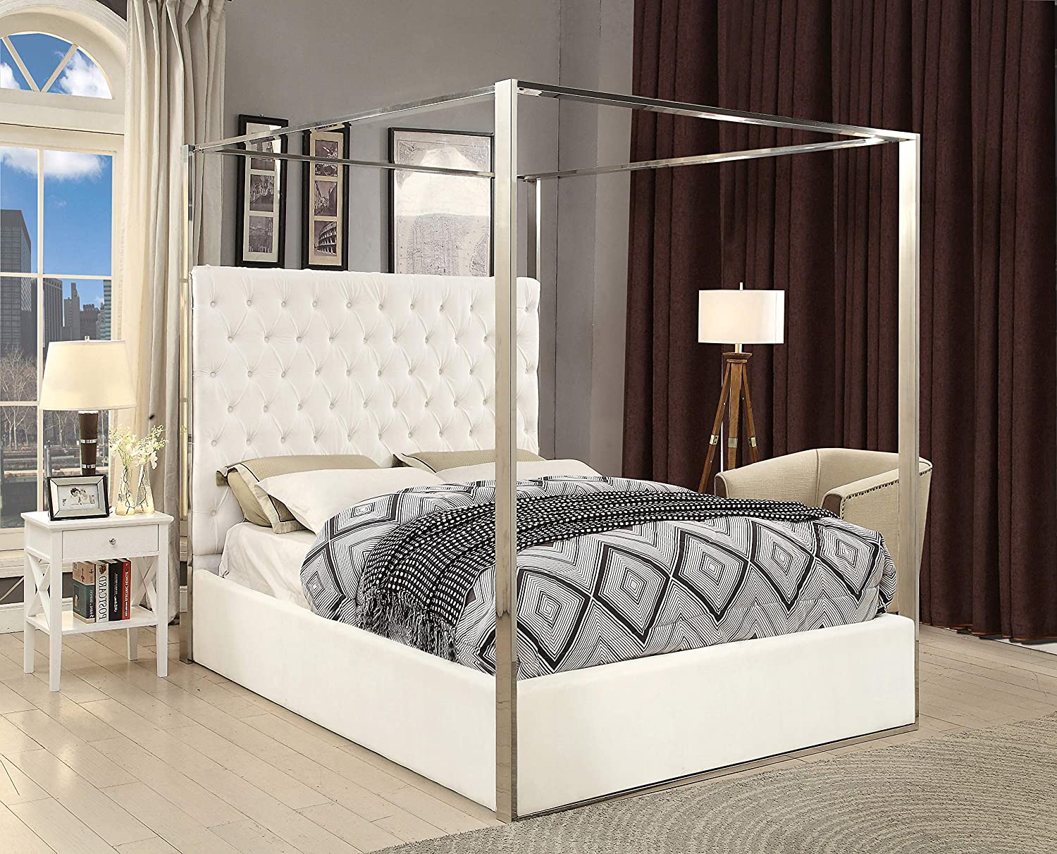 【Furniture】Contemporary Velvet Upholstered Bed with Deep Detailed Tufting and Chrome Canopy, Grey, King
