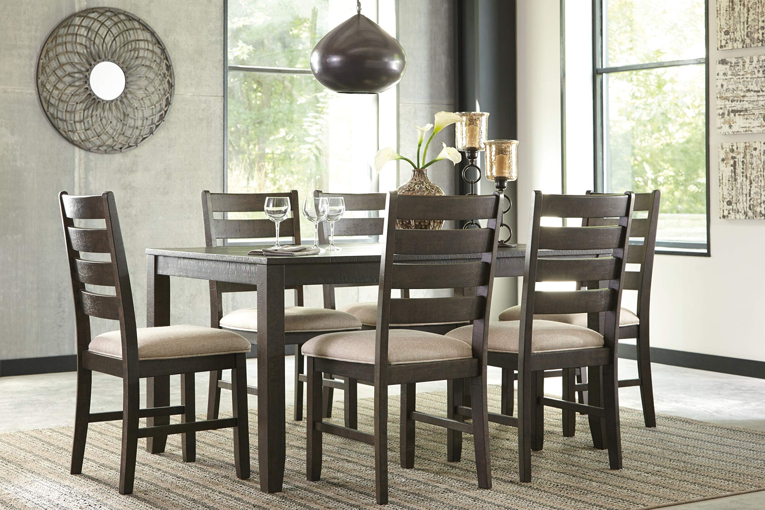 【Furniture】Dining Room Table Set with 6 Upholstered Chairs, Brown
