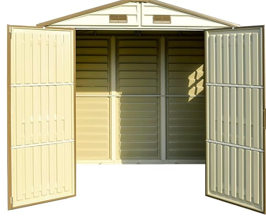 Duramax StoreAll 2.4 x 1.6 m, Plastic Garden Shed with 1 Fixed Window, Metal Foundation Kit, Heavy Duty Metal Roof Frame, Ivory, Brown