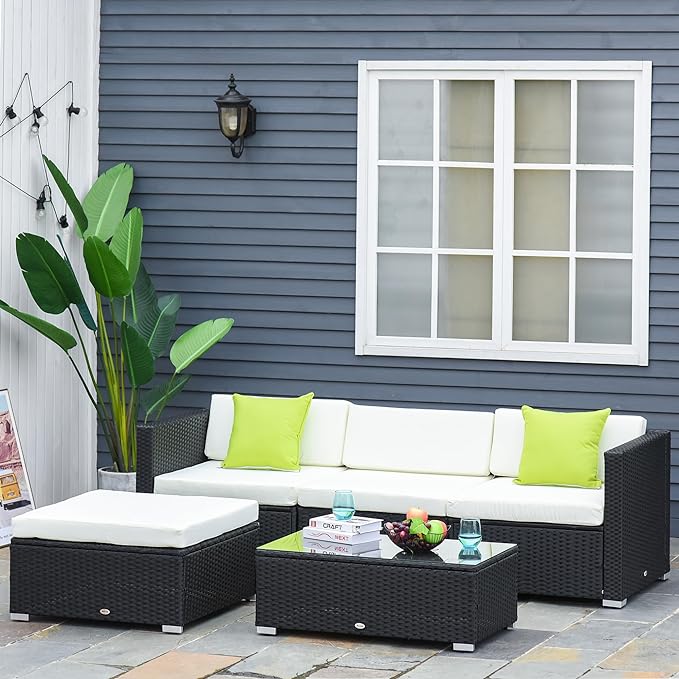 Outsunny 5 Pieces PE Rattan Garden Furniture Set with Cushions, Outdoor Corner Sofa, Patio Sectional Conversation Furniture Sets with Glass Top Coffee Table, Black
