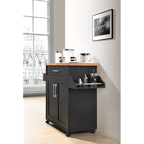 Hodedah Kitchen Island with Spice Rack, Towel Rack & Drawer, Black with Beech Top Black-beech