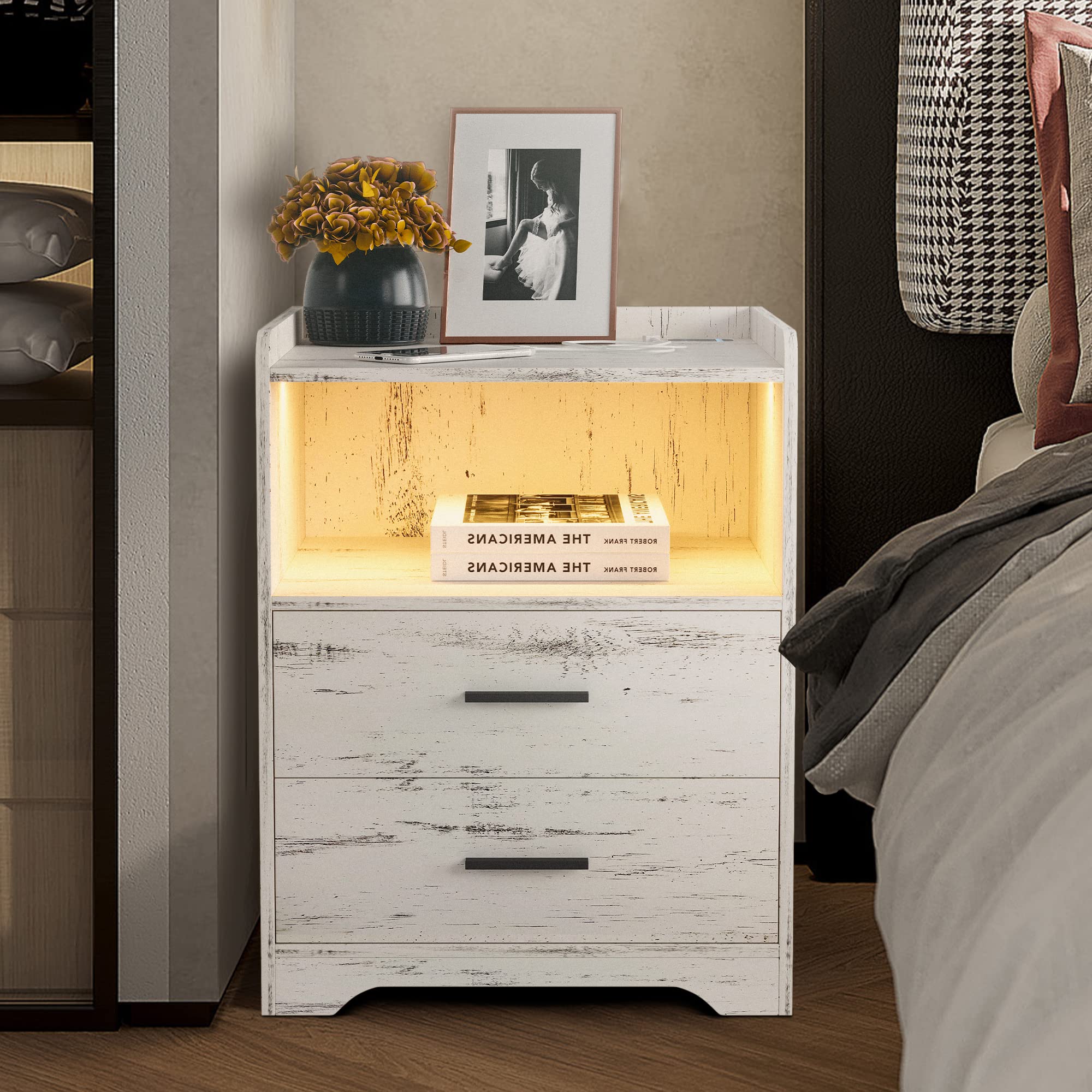 【Furniture】Black Nightstand with Charging Station, Night Stands with 2 Drawers, Smart Nightstand Bedside Table Led