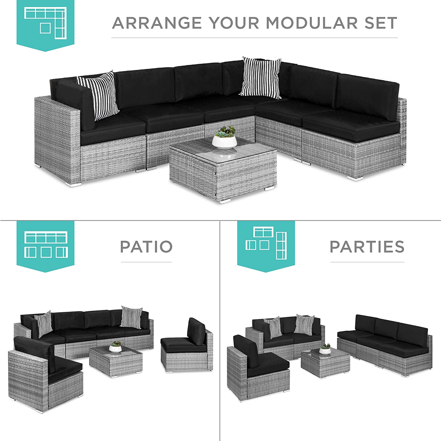 Best Choice Products 7-Piece Modular Outdoor Sectional Wicker Patio Furniture Conversation Sofa Set w/ 6 Chairs, 2 Pillows, Seat Clips, Coffee Table, Cover Included - Gray/Navy