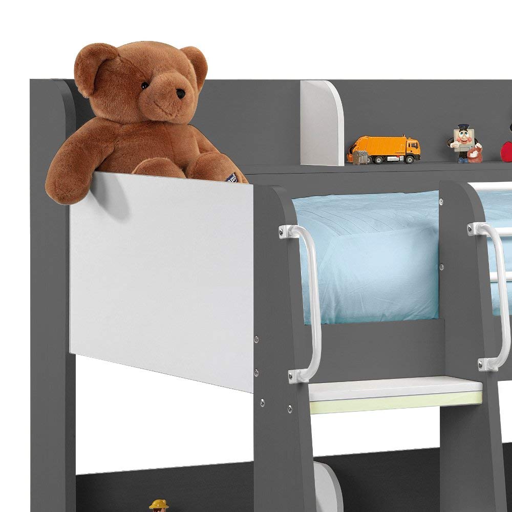 【Furniture】Domino Grey Wooden & Metal Kids Bunk Bed with Storage Shelves with 2x Pocket Sprung Mattress
