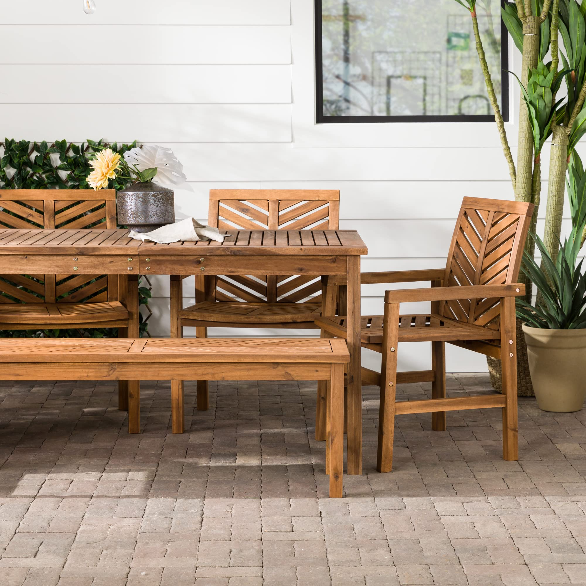 【Furniture】7 Person Outdoor Wood Chevron Patio Furniture Dining Set Table Chairs Bench
