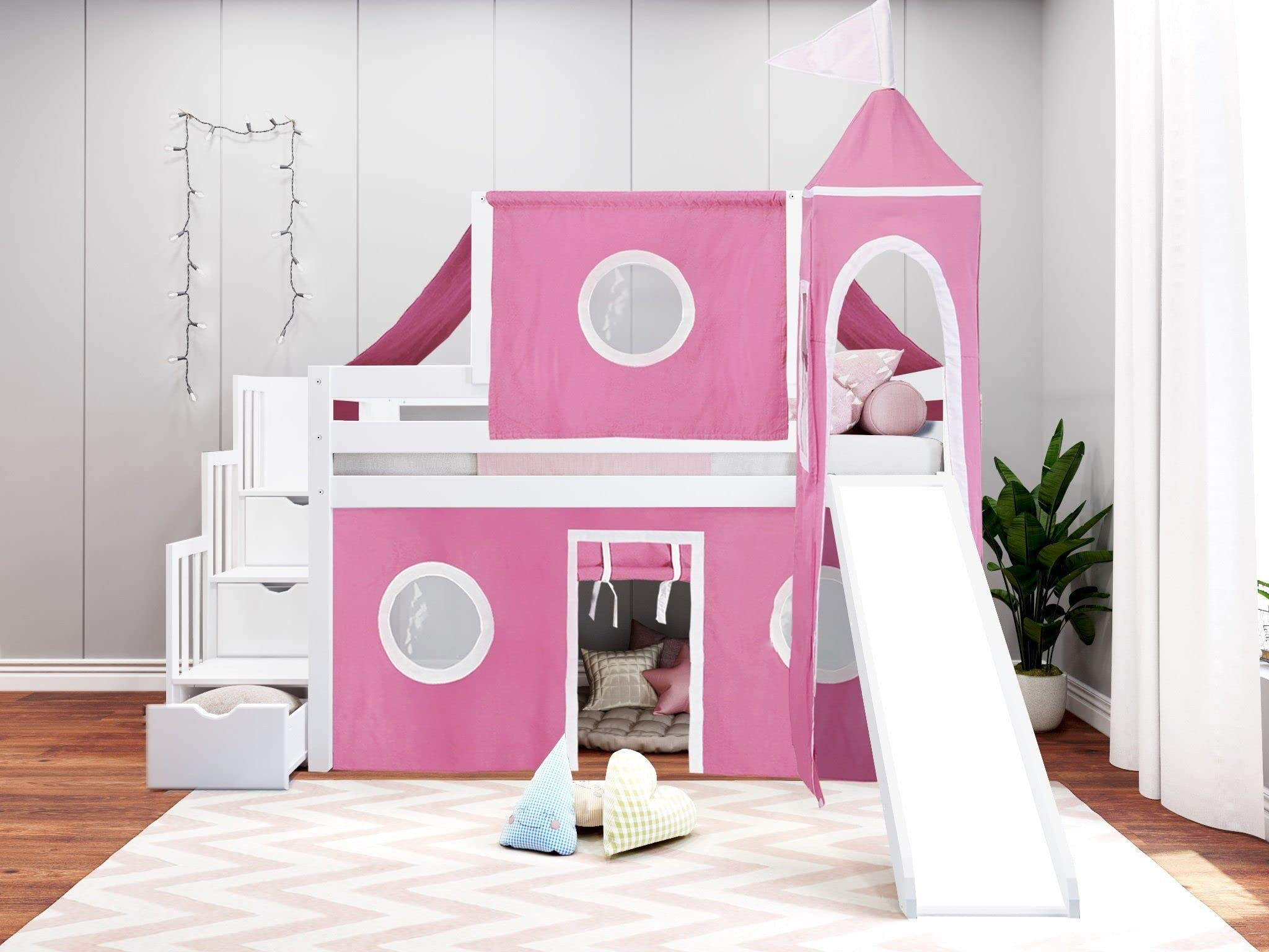 【Furniture】Princess Low Loft Stairway Bed with Slide Pink & White Tent & Tower, Loft Bed, Twin, White