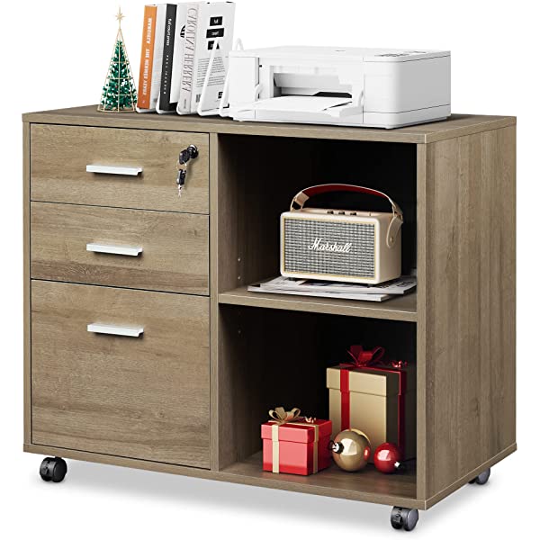 DEVAISE 3-Drawer Wood File Cabinet with Lock, Mobile Lateral Filing Cabinet, Printer Stand with Open Storage Shelves for Home Office, Black