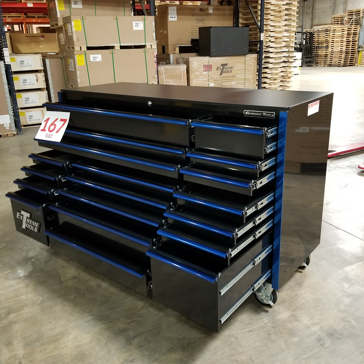 used toolboxShowroom Demo, Extreme Tools RX Series 72 19 Drawers 25 Deep Roller Cabinet, Black-Blue, 150 lbs. Slides