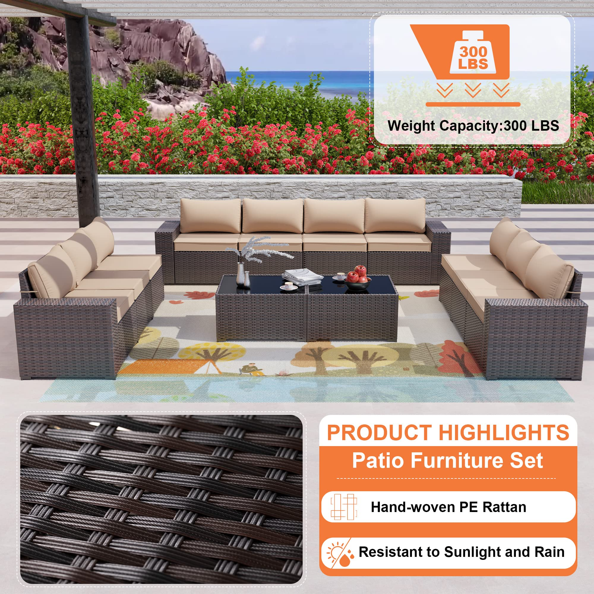 【Furniture】12 Pcs Outdoor Patio Furniture Set Sectional Sofa Sets Brown PE Rattan Patio Conversation Set